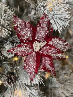 Red Poinsettia with Pearls Pick Stem Christmas Tree Trimming Craft Supplies